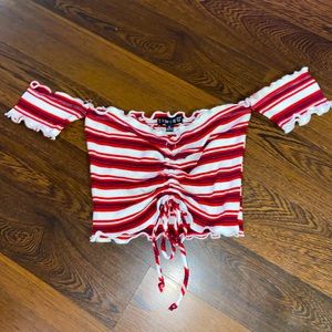 Timing Size Small Of the Shoulder Adjustable Tie Cropped Top Red White & Navy